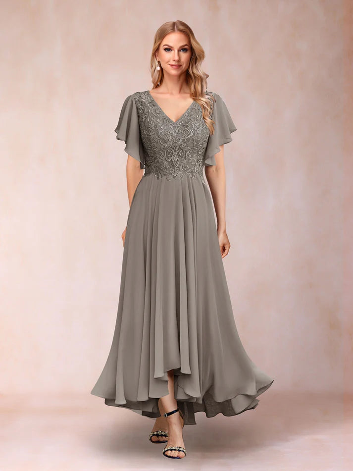 Princess V-Neck Short Sleeves Long Mother of the Bride Dresses